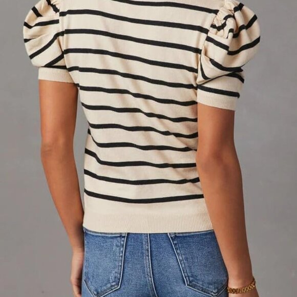 Women's Short Puff Sleeve Knit Tops 2025 Trendy Crewneck Striped T Shirts Casual - Picture 4 of 6